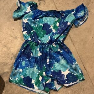 Blue & Green Floral Off-Shoulder Romper - Unbranded